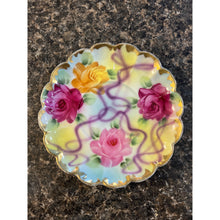 Load image into Gallery viewer, Porcelain China 5” Plate for Teacup with Yellow and Pink Flowers amid Purple Swirl and Gold Trim
