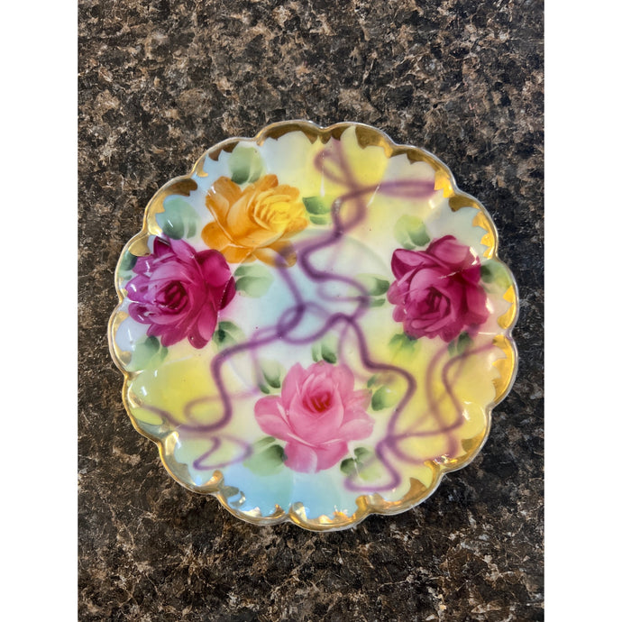 Porcelain China 5” Plate for Teacup with Yellow and Pink Flowers amid Purple Swirl and Gold Trim