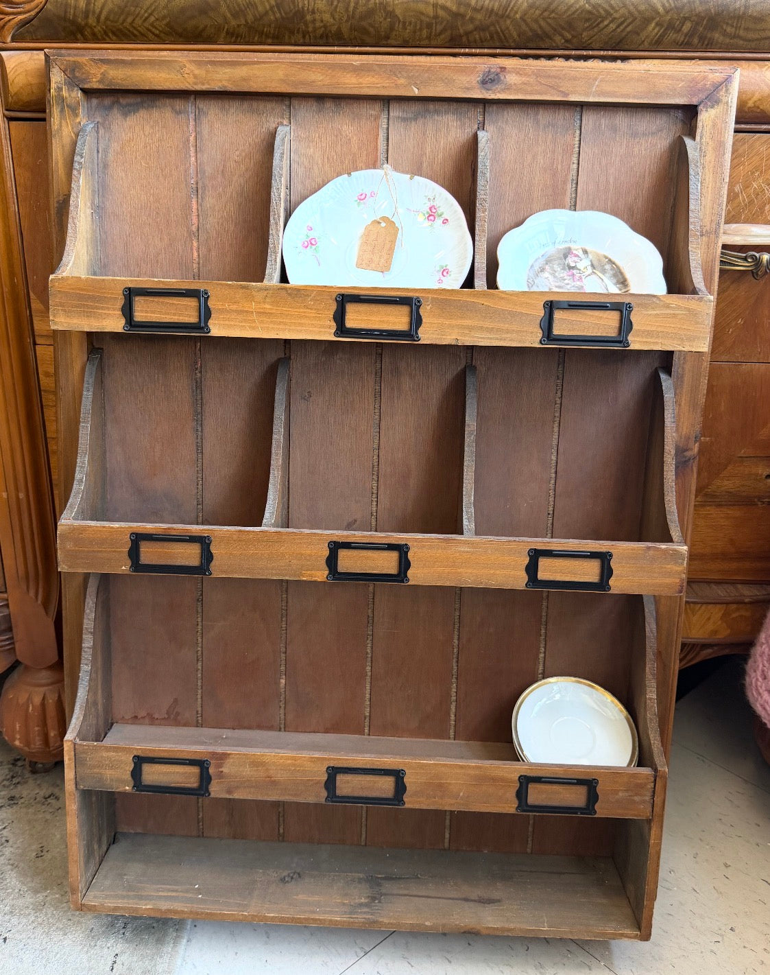 Vintage Wooden Multi-Compartment Display Shelf with Metal Label Holders