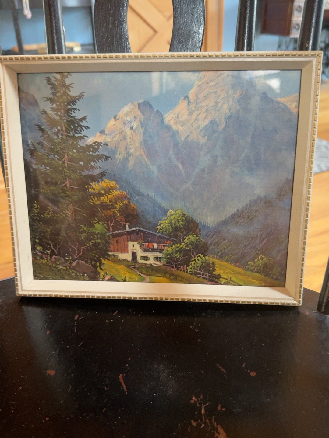 Vintage Framed Alpine Chalet Mountain Landscape Print