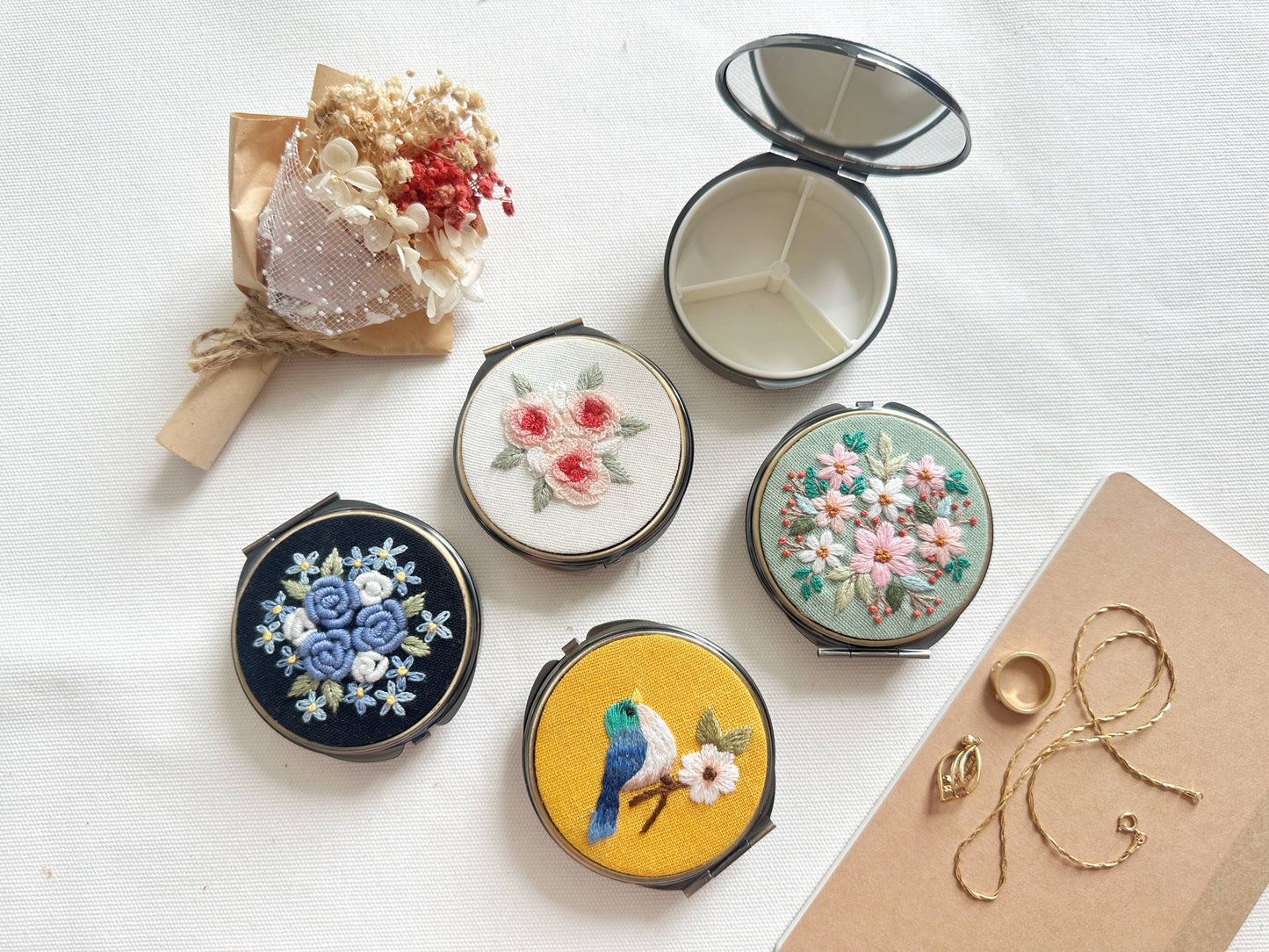 Quince Fables - Floral Embroidered Round Jewelry Box With Mirror (In Stock✅)