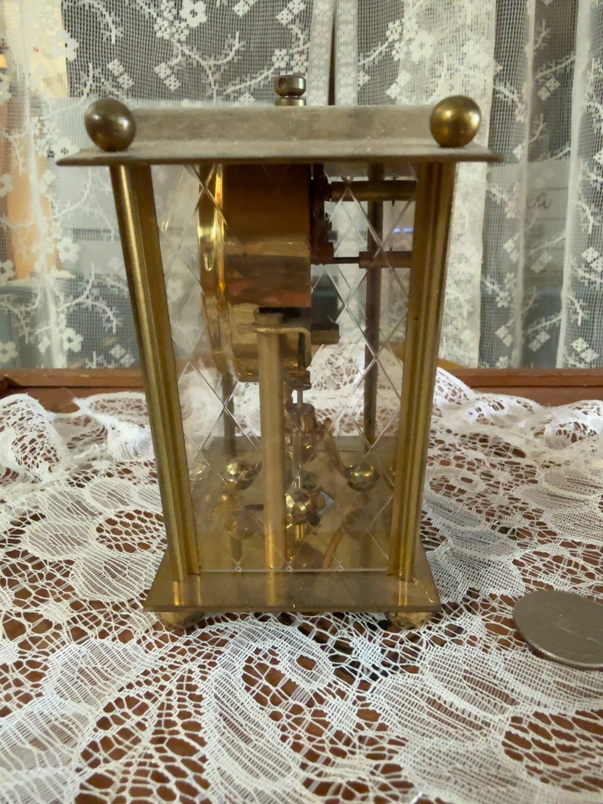 Vintage 8-Day Brass Anniversary Clock with Glass Panels and Rotating Pendulum