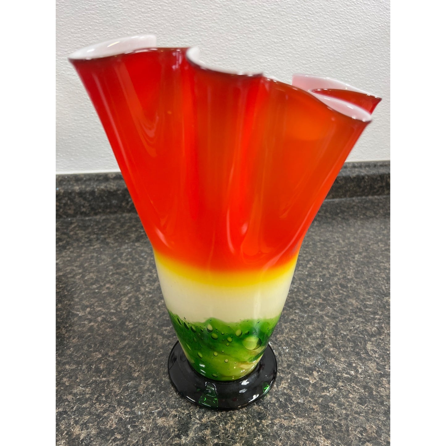 Murano Style Cased Art Glass 12" Multi-color Handkerchief Blown Glass Vase