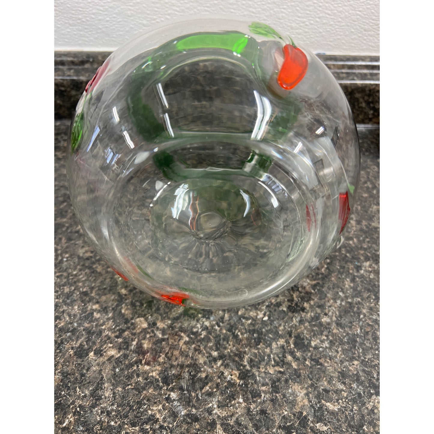 Large Hand Blown Green and Clear Glass Pitcher with Red Chili Peppers