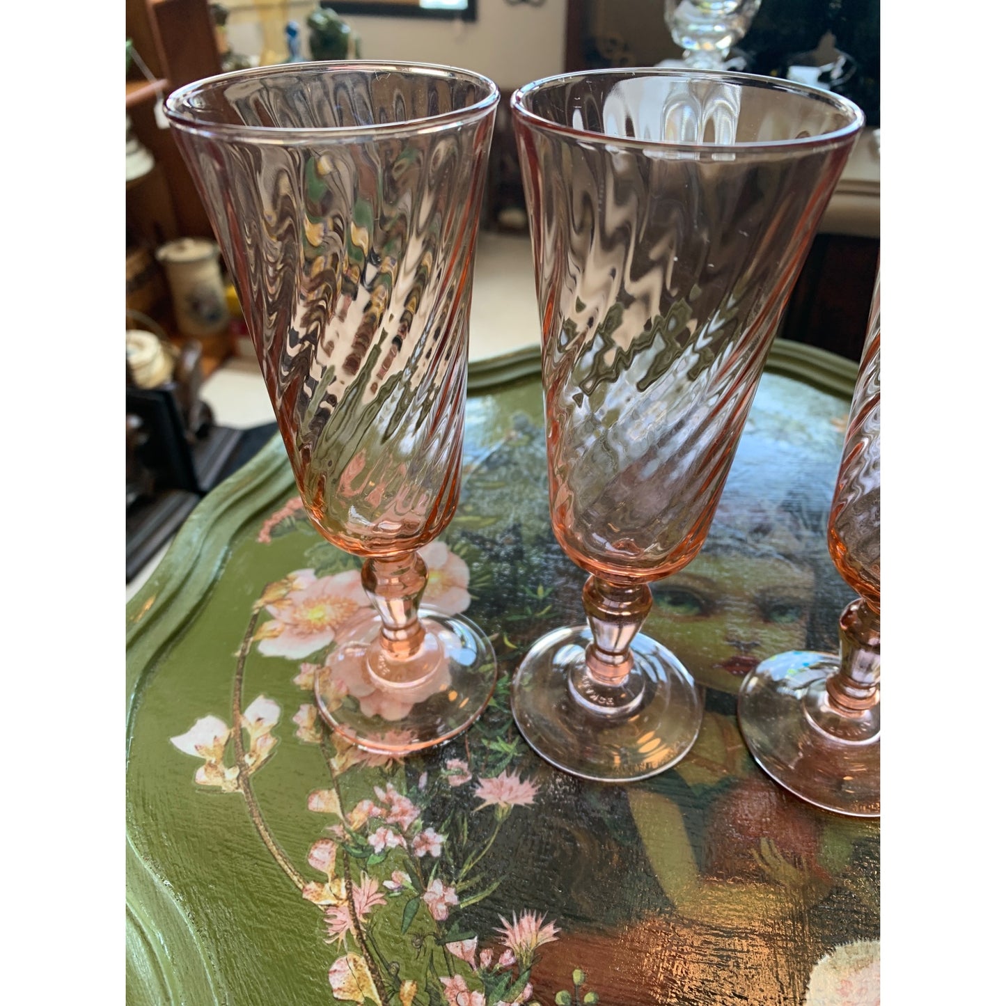 French Luminarc Arcoroc Rosalind 1960s Pink Swirl Champagne Flute Set of 4