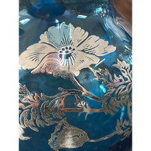 Load image into Gallery viewer, Vintage Floral Silver Overlay Blue Art Glass Squat Vase
