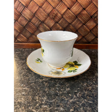Load image into Gallery viewer, Crown Royal bone China with yellow, white, gray flowers and forest green leaves Made in England
