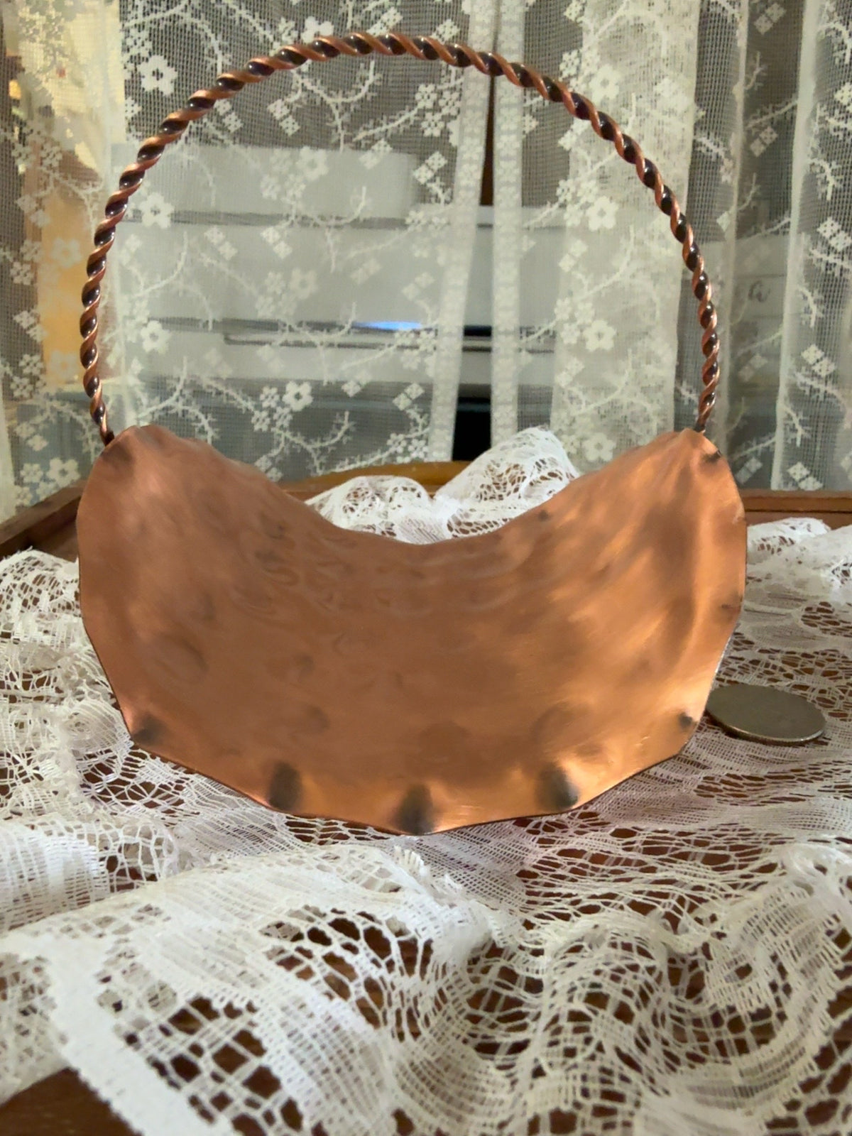 Vintage Hand-Hammered Copper Basket Candle Holder with Twisted Handle