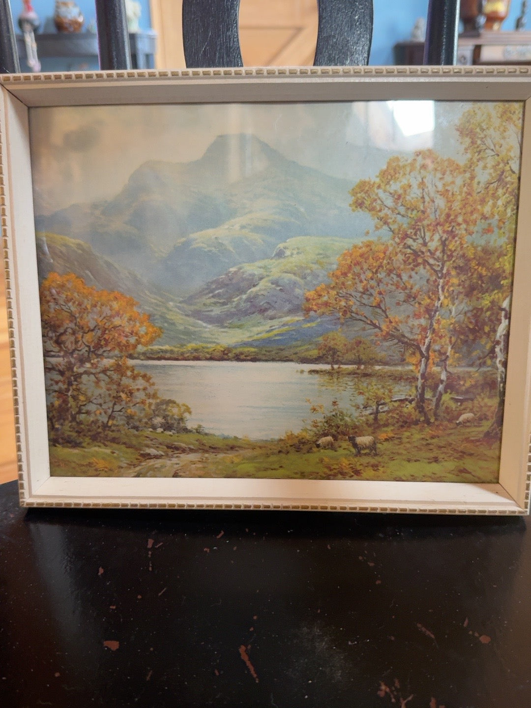 Vintage Framed Mountain Lake Landscape Print with Sheep