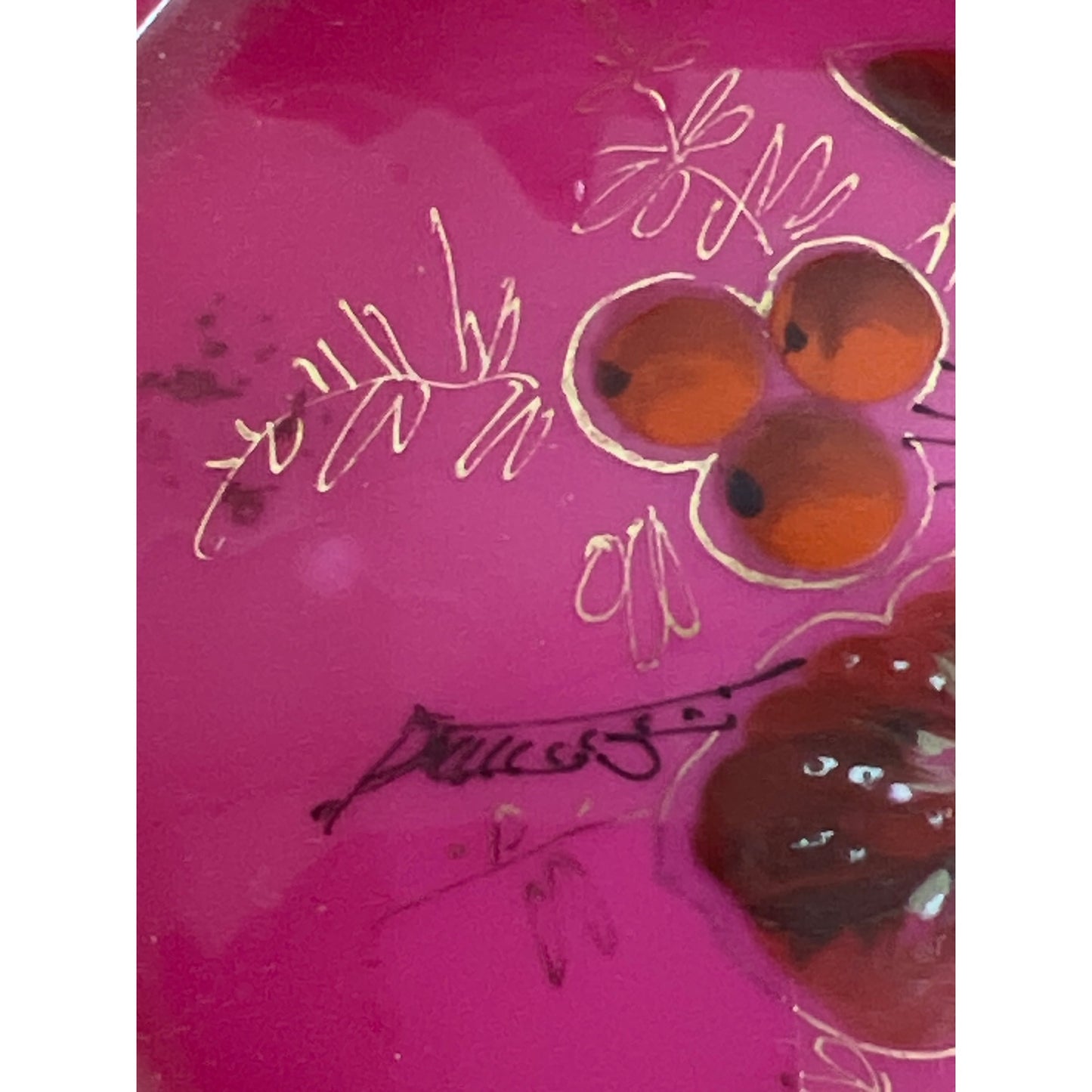 Vintage Hand Painted Pink Hand Blown Glass Bowl Bowl with Ruffled Edges, Butterflies and Wild Flowers Signed