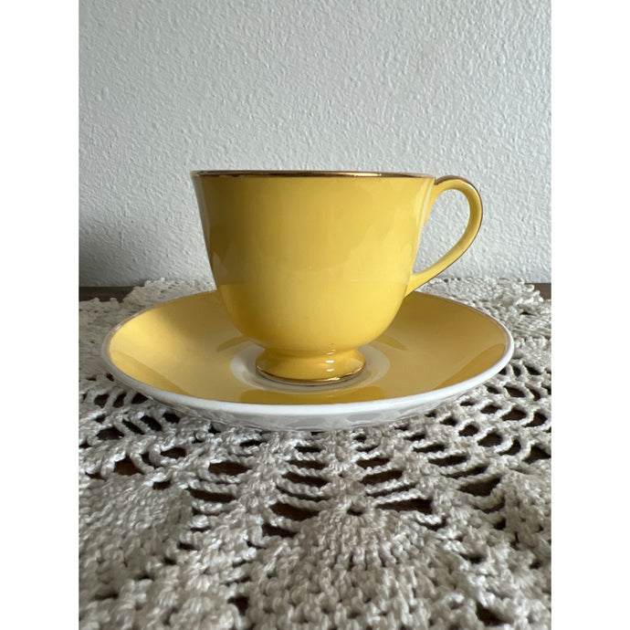 Jason Made in England Bone China Bright Yellow with Pink Rose Teacup & Saucer