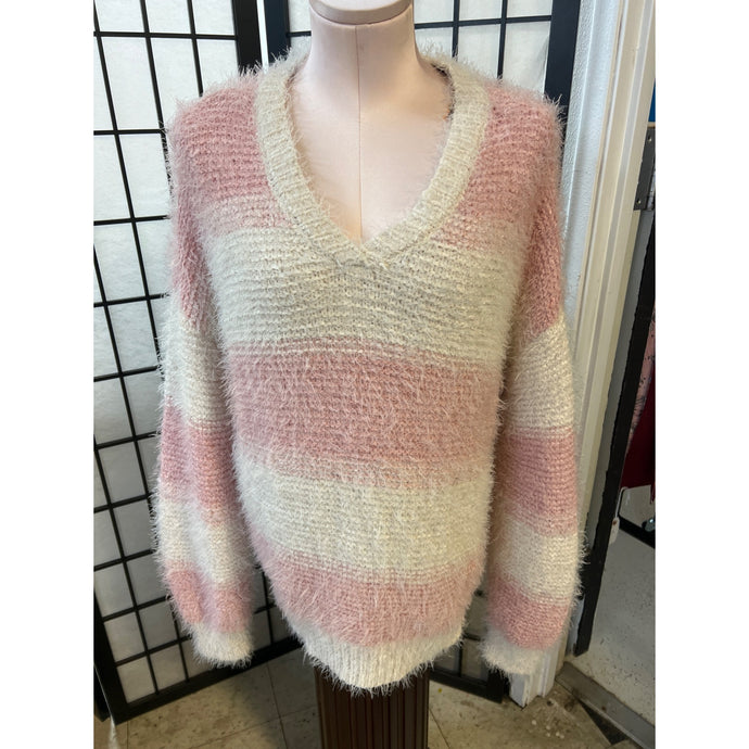 Margaux & Ellie V-Neck Sweater Pink & Cream Striped Size Large