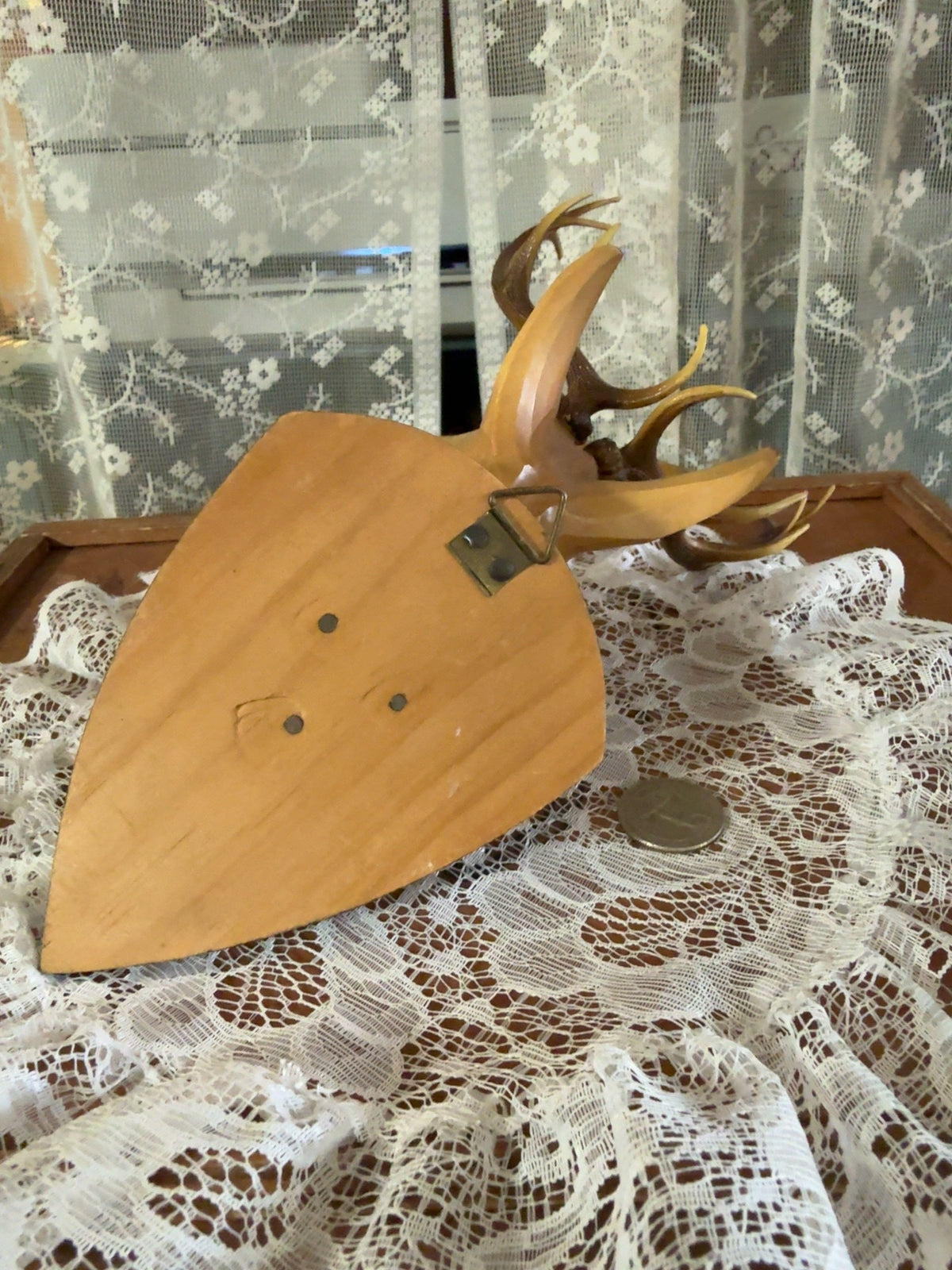 Small Vintage Hand-Carved Deer Head Wall Plaque with Antlers