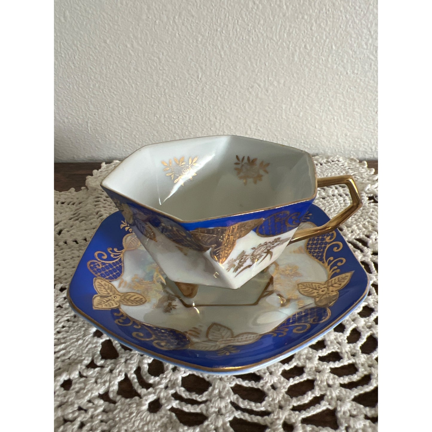 Unmarked Iridescent and Gold Porcelain Teacup & Saucer
