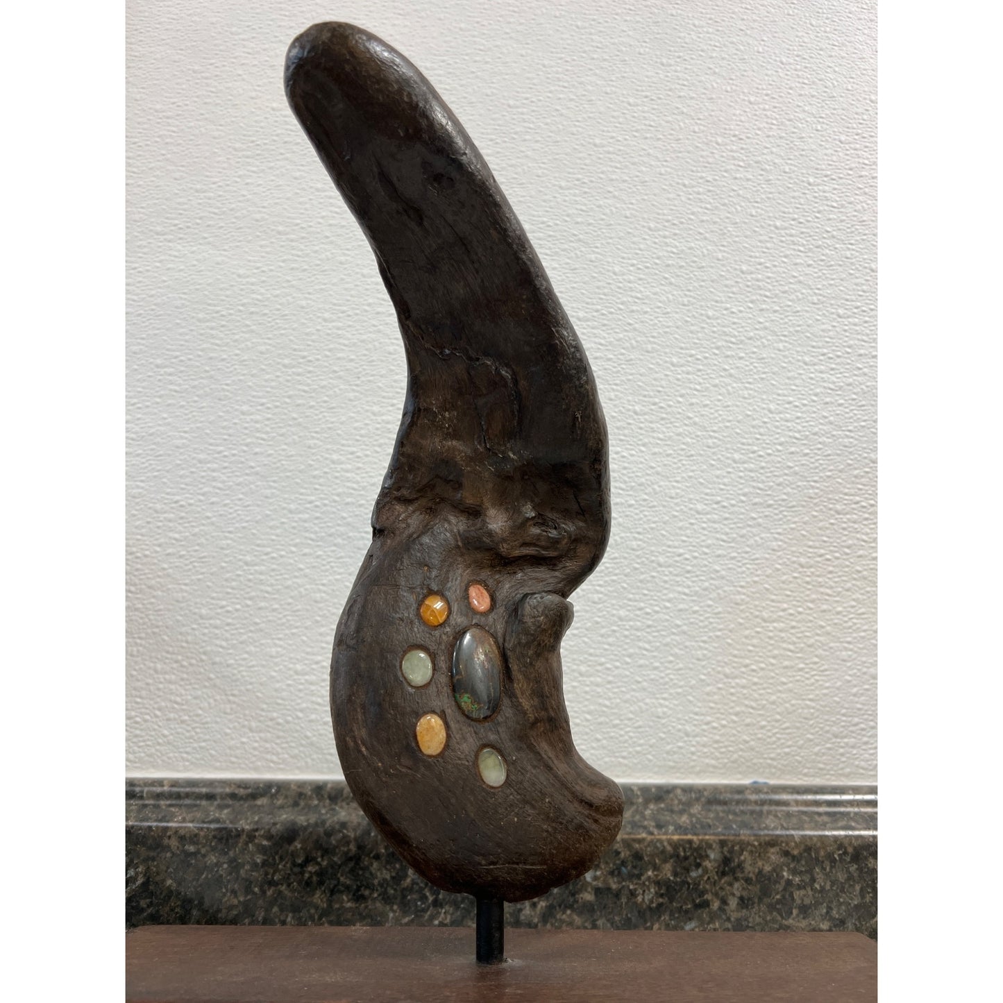 Vintage Driftwood Sculpure on Wooned Base and Stone Inlay