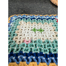 Load image into Gallery viewer, Vintage 1950’s Hand Crochet Pot Holder Green, Blue, Yellow, and Cream
