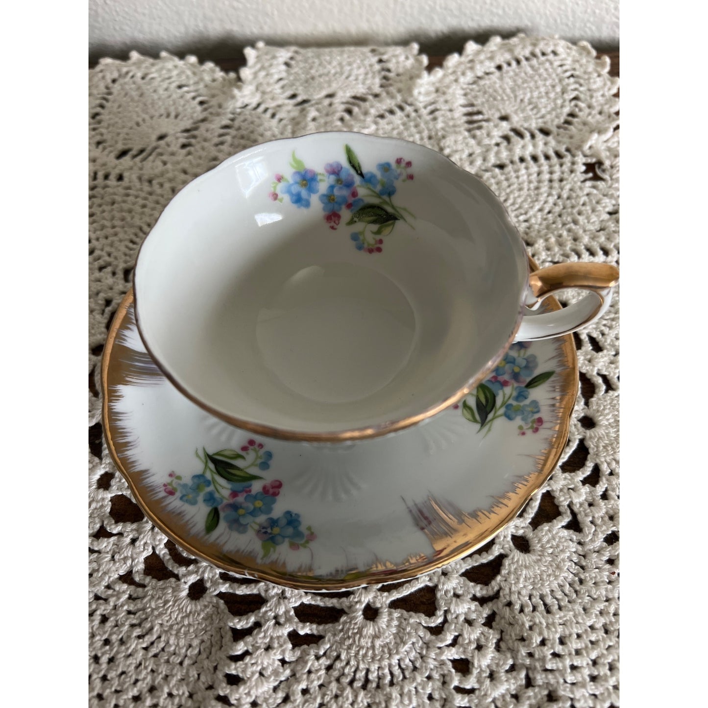 Vintage Japan Teacup & Saucer with Delicate Pink and Blue Flowers and Gold Trim