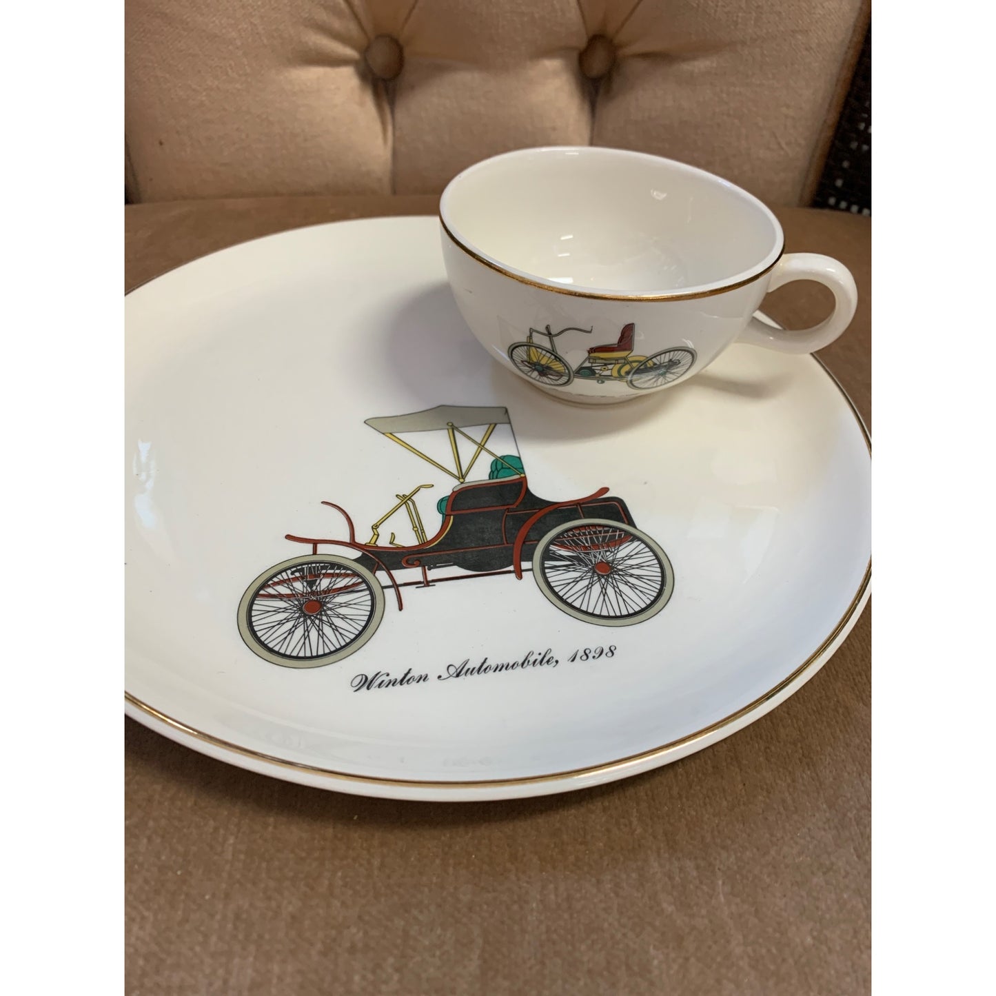 1895-1903 Gold Trim Porcelain Lunch Set of 4 Antique Automobiles