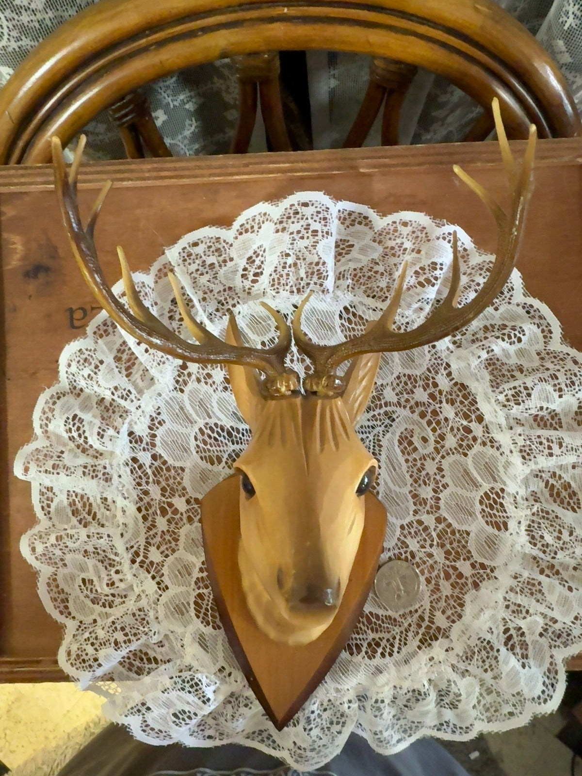 Small Vintage Hand-Carved Deer Head Wall Plaque with Antlers