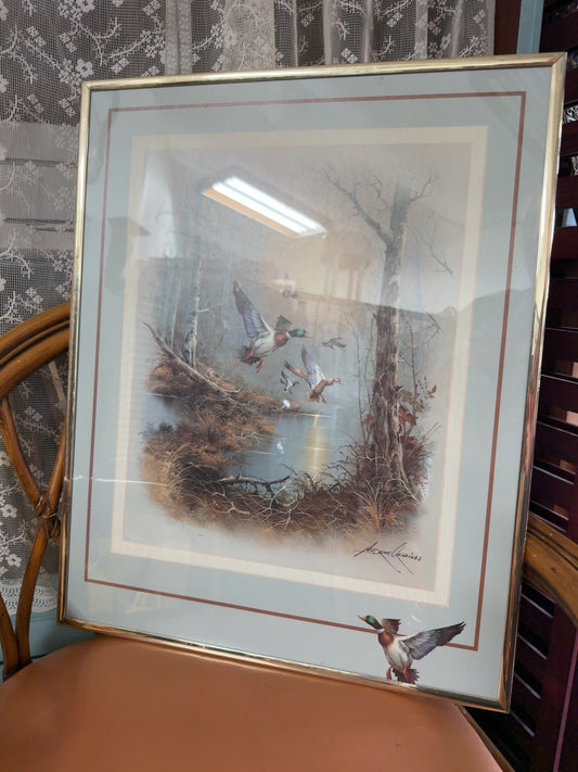 Vintage Signed Mallard Duck Wildlife Print in Custom Gold Frame
