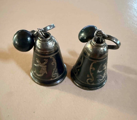 Vintage Thai Sterling Silver Niello Bell Earrings with Figural Designs