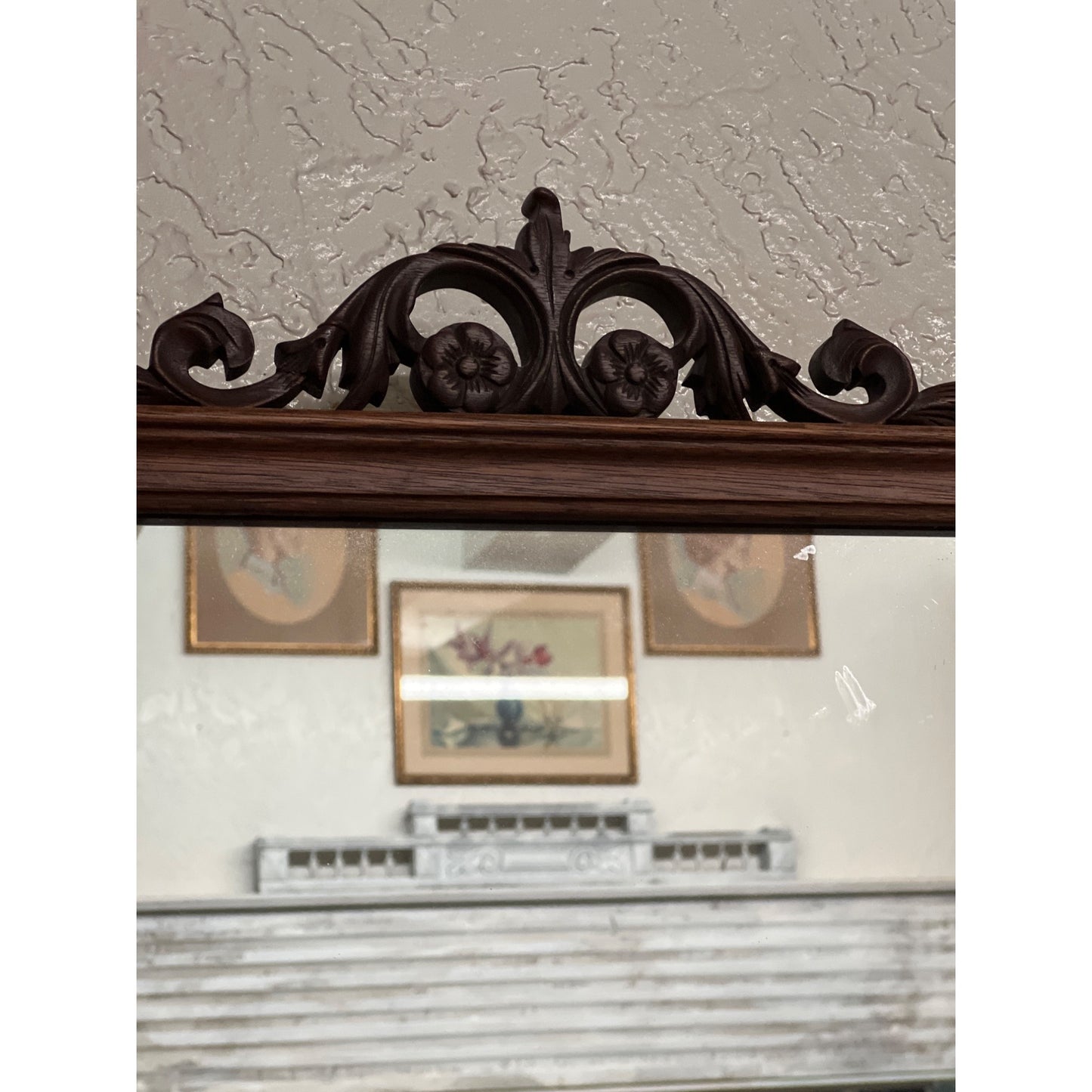 Vintage Carved Mahogany Shield Mirror With Floral Cap Detail
