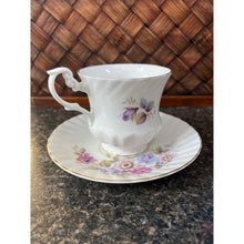 Load image into Gallery viewer, Royal Dover Fine Bone China Teacup and Saucer with Pink, Blue and Green Floral Design with Gold Trim Made in England
