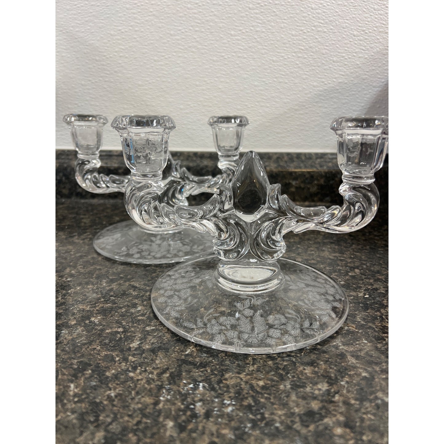 Pair of Vintage Martinsville Etched Glass Teardrop Double Taper Candlestick Holders