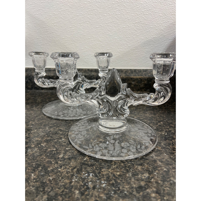 Pair of Vintage Martinsville Etched Glass Teardrop Double Taper Candlestick Holders