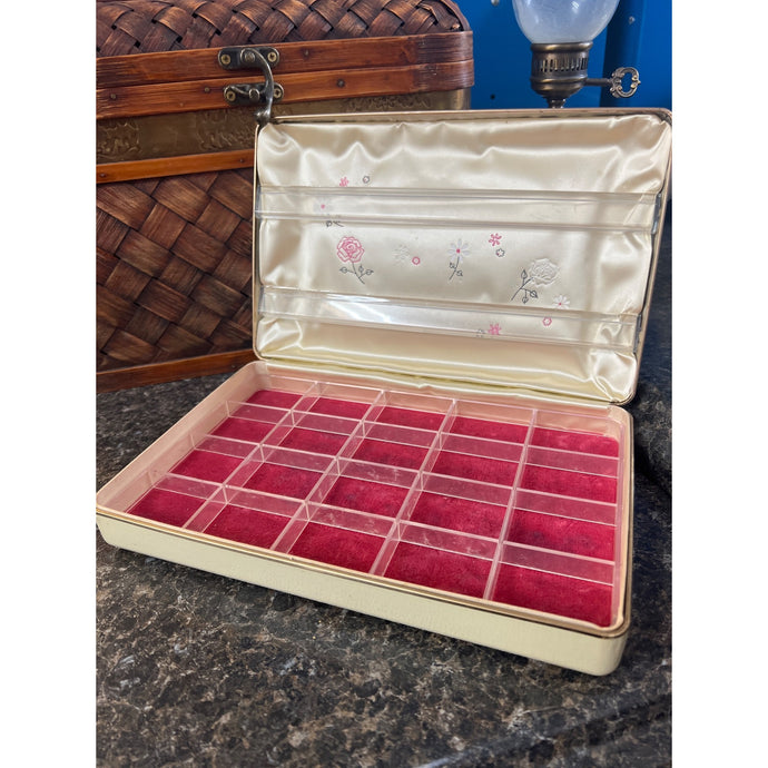 Vintage Farrington 20 Compartment Hard Cover Jewelry Case with Deep Pink Velvet and Floral Design