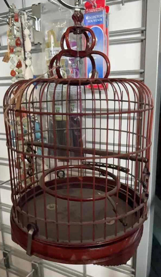 Vintage Chinese Red Metal and Wood Bird Cage with Decorative Finial