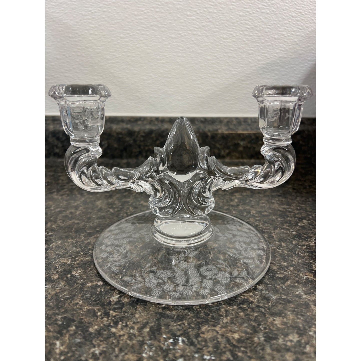 Pair of Vintage Martinsville Etched Glass Teardrop Double Taper Candlestick Holders