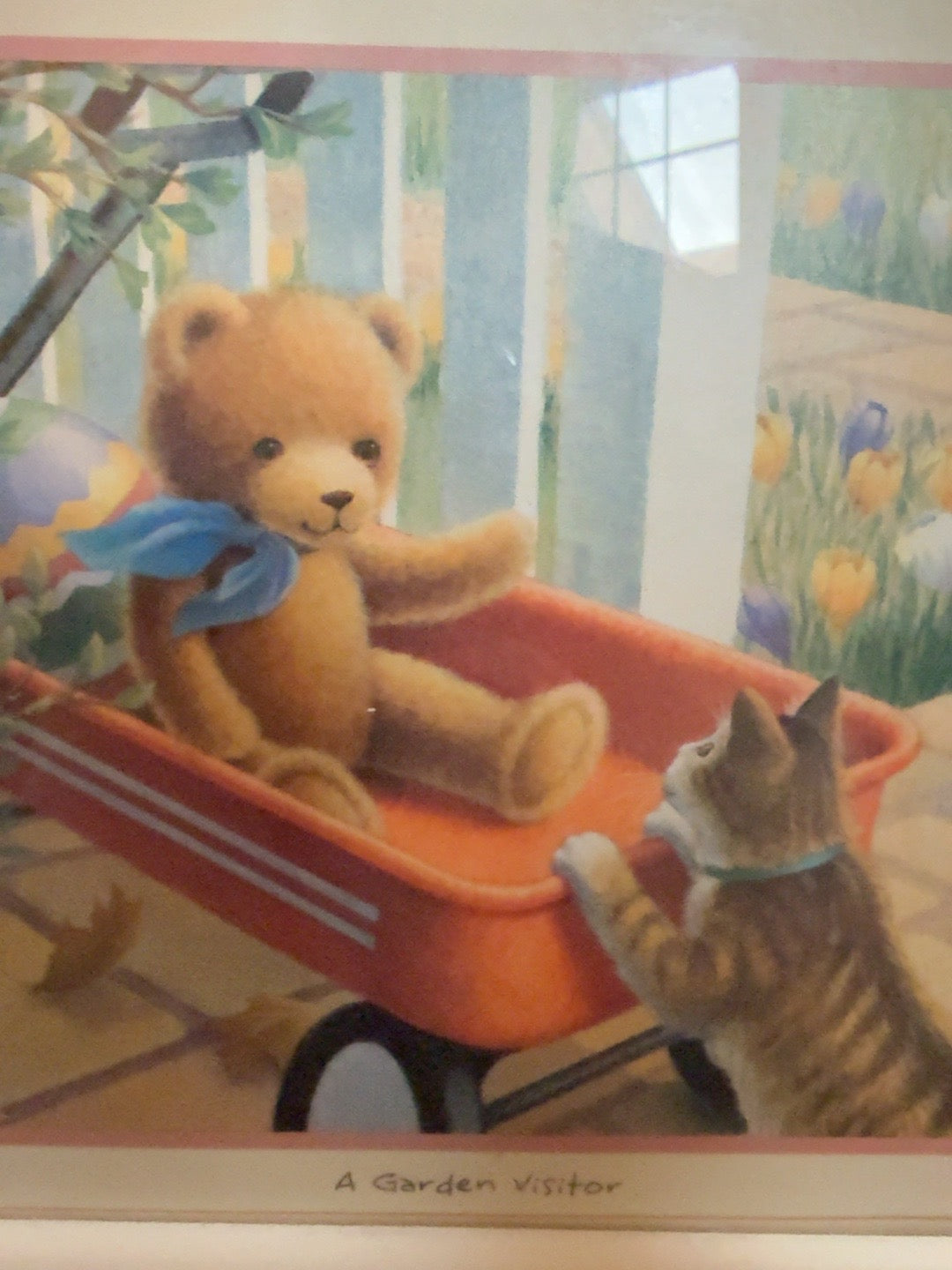 “A Garden Visitor” Framed Teddy Bear & Kitten Garden Print