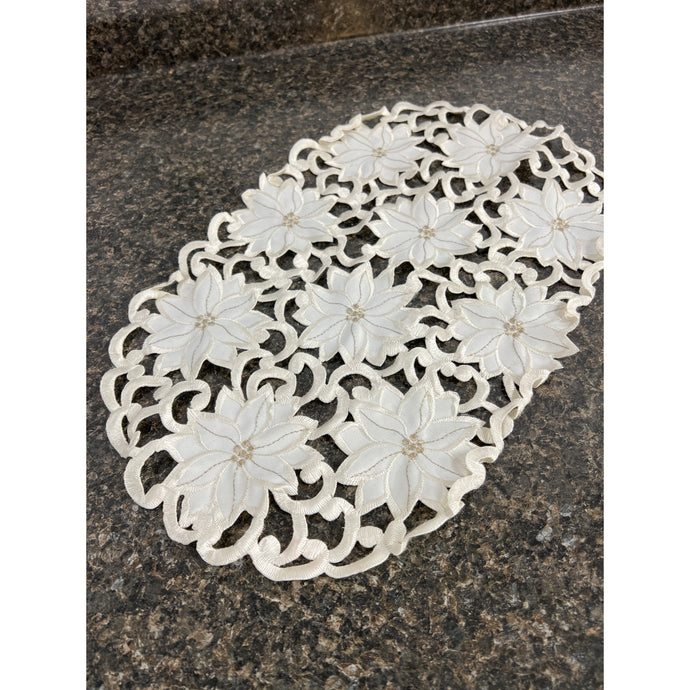 Vintage White and Silver Poinsettia Embroidered Cut Out Placemat Doily