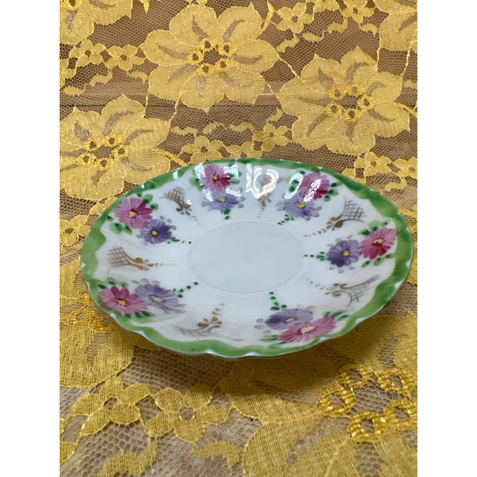 Vintage Hand Painted Floral Porcelain Trinket Dish 4-3/4” Green Purple Pink