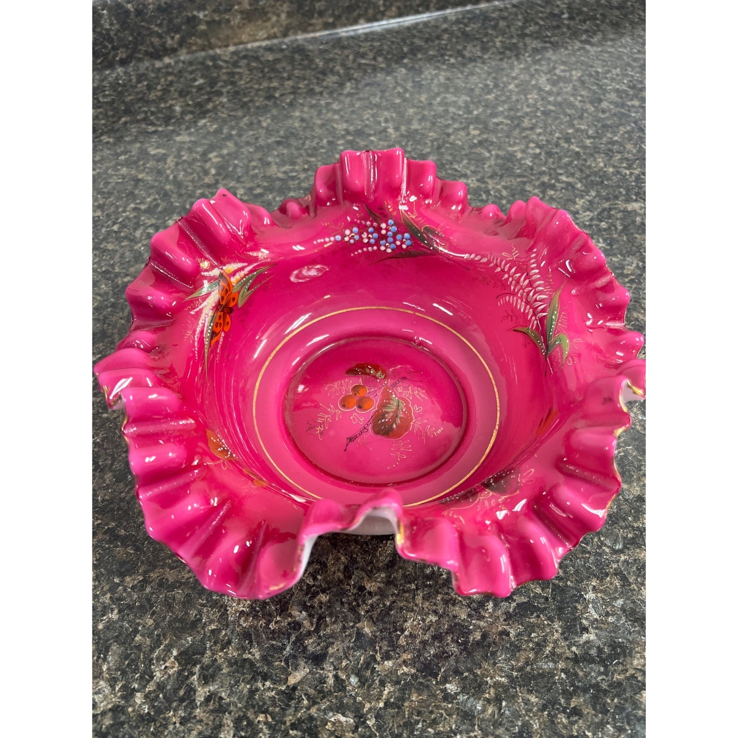 Vintage Hand Painted Pink Hand Blown Glass Bowl Bowl with Ruffled Edges, Butterflies and Wild Flowers Signed