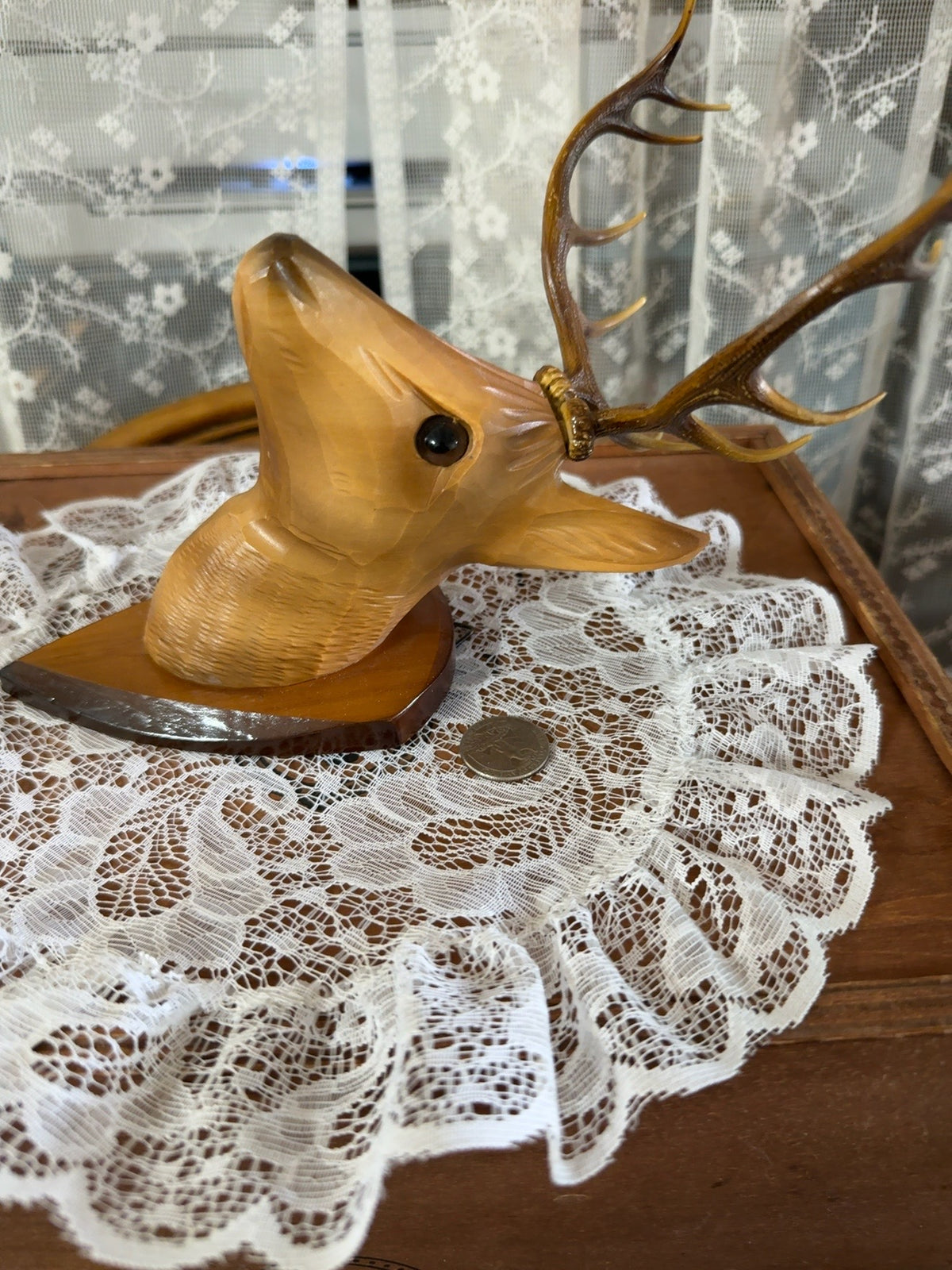 Small Vintage Hand-Carved Deer Head Wall Plaque with Antlers