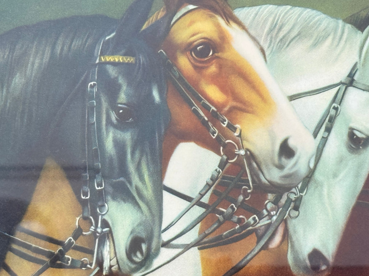 Vintage Mid-Century Four Horse Equestrian Print in Octagonal Gold-Tone Frame