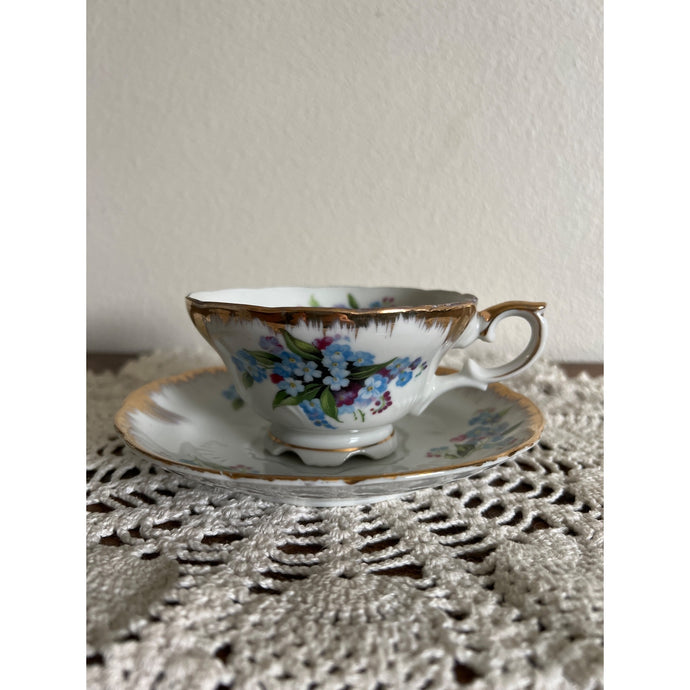 Vintage Japan Teacup & Saucer with Delicate Pink and Blue Flowers and Gold Trim