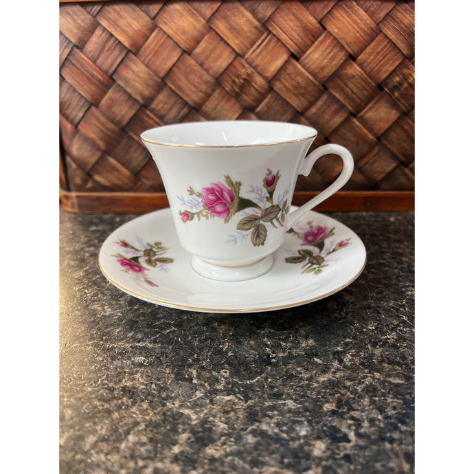 Made in China Porcelain Teacup and Saucer with Pink Rosebuds and Forest Green Leaves
