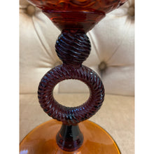 Load image into Gallery viewer, Amber Glass Compote Candy Dish Footed bowl with Amethyst Stem
