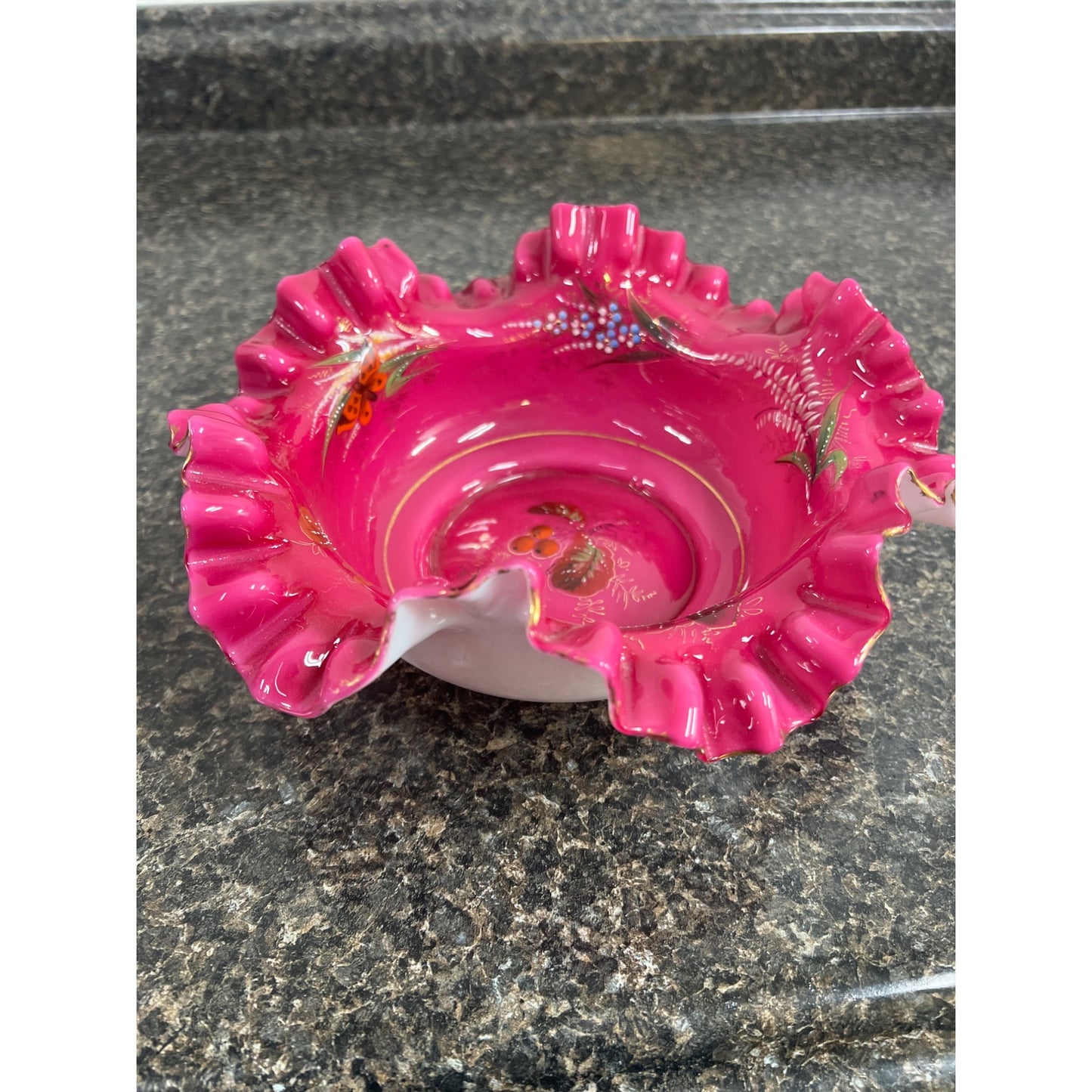 Vintage Hand Painted Pink Hand Blown Glass Bowl Bowl with Ruffled Edges, Butterflies and Wild Flowers Signed