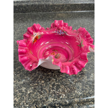 Load image into Gallery viewer, Vintage Hand Painted Pink Hand Blown Glass Bowl Bowl with Ruffled Edges, Butterflies and Wild Flowers Signed
