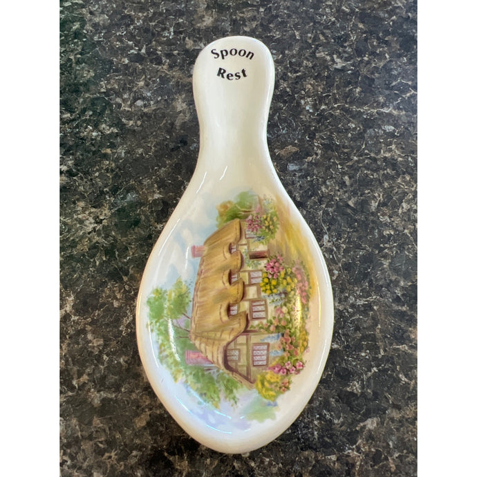 Small Vintage Ceramic Spoon Rest - Charming English Cottage Gardens House Brixham England - 1970s Kitchen Tea Bag Spoon Holder - Gift
