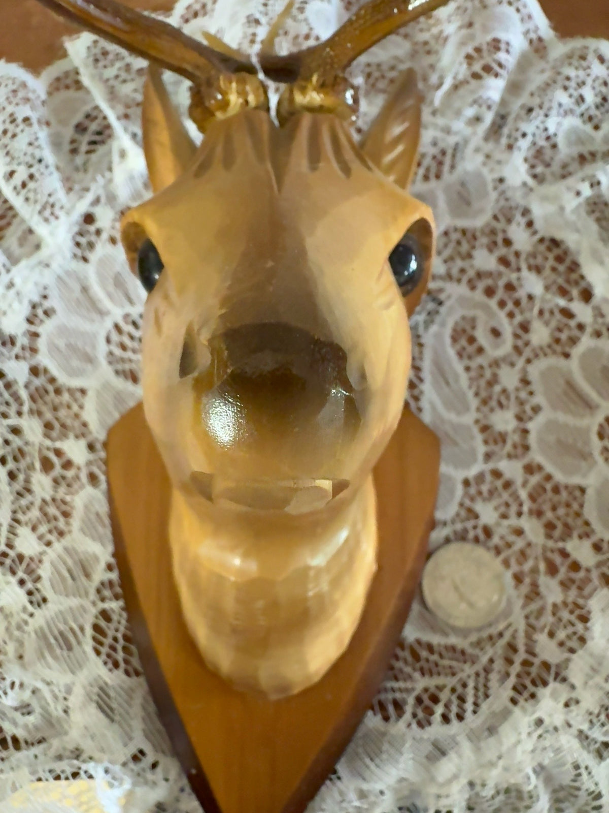 Small Vintage Hand-Carved Deer Head Wall Plaque with Antlers