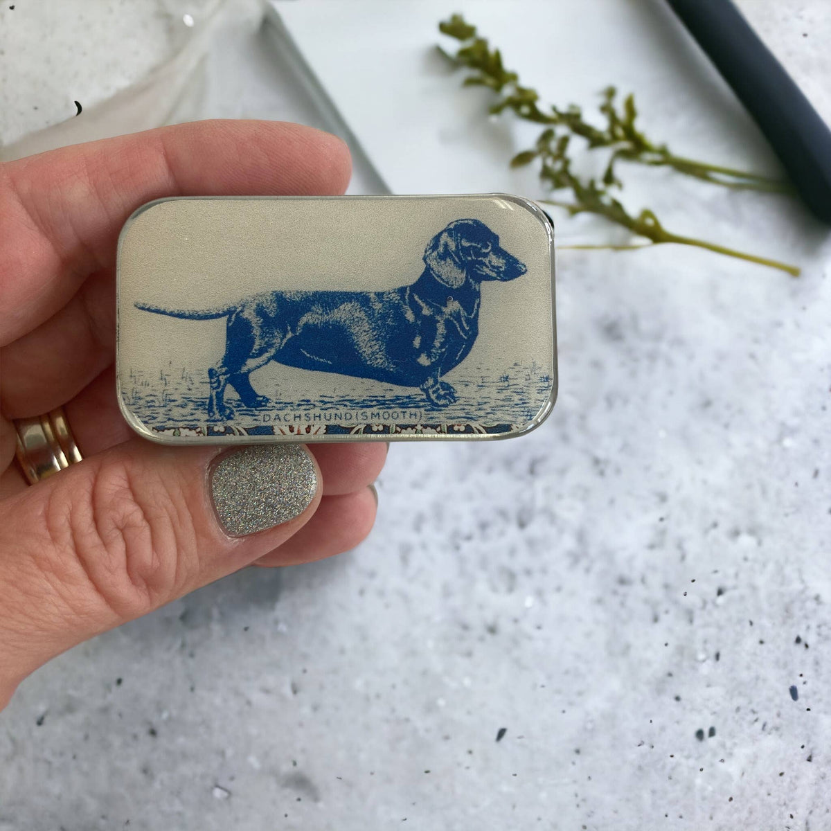 Firefly Notes - Dachshund notions tin, stitch marker tin