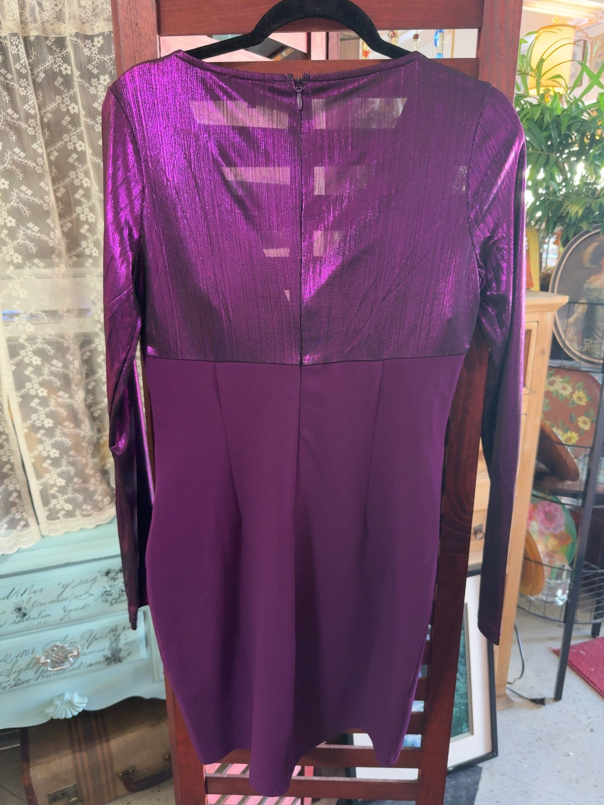 Entry Purple Metallic Long Sleeve Bodycon Cocktail Dress Size L