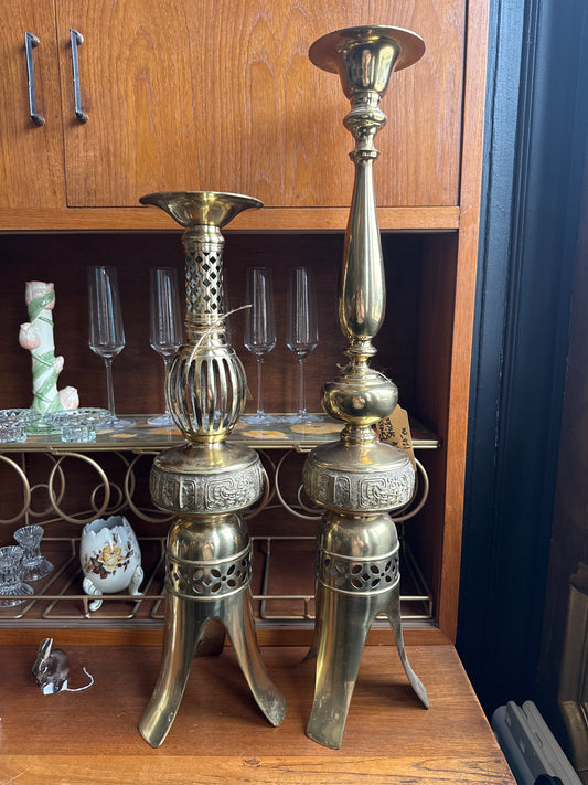 Pair of James Mont Style MCM Brass Candle Holders with Ornate Detailing.