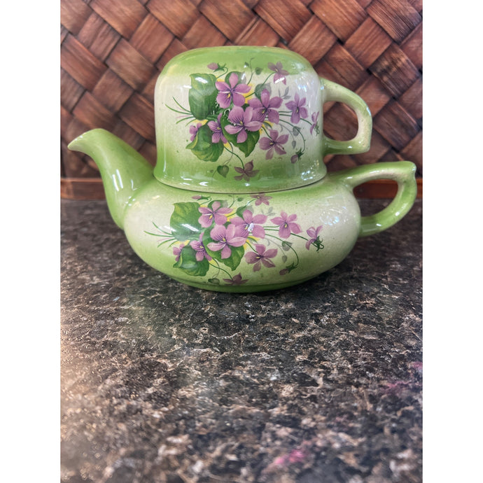 Stacking Single Person Teapot and Cup Green with Purple Violets
