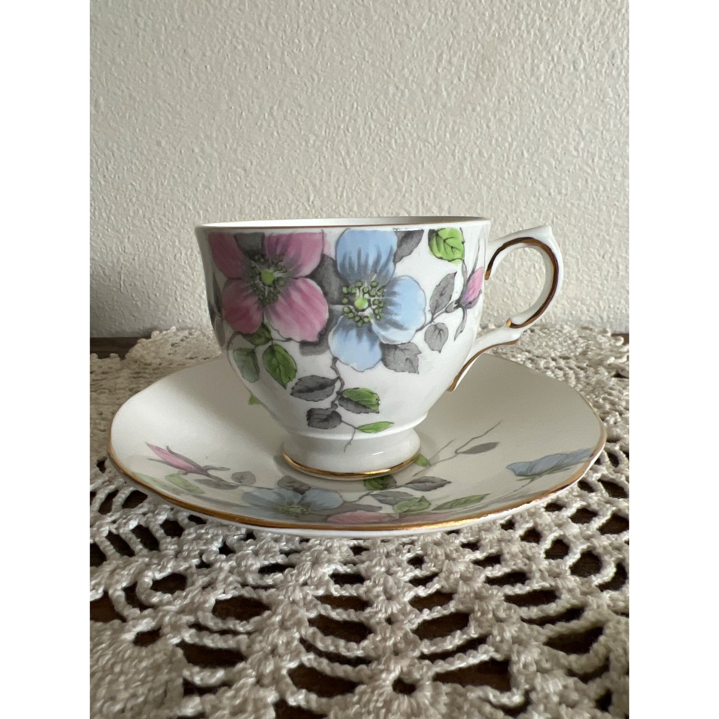 Wild Rose Salisbury Fine Bone China With Blue and Pink Flowers Made in England Teacup & Saucer